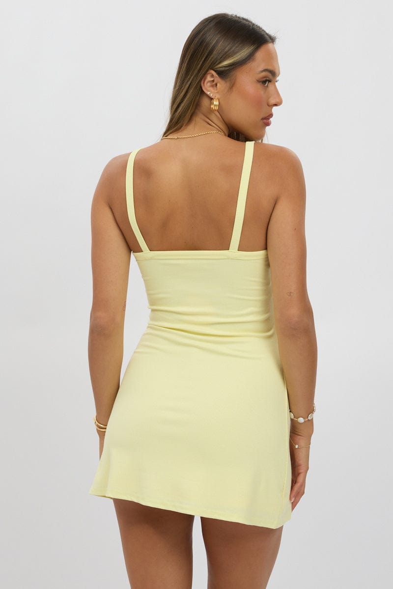 Yellow Mini Dress Sleeveless Rib A-Line - Image 5