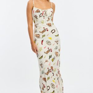 Multi Abstract Midi Dress Gathering Bust Sleeveless