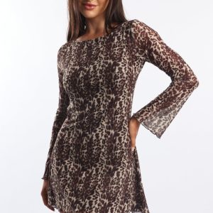 Brown Animal Print Mini Dress Long Sleeve