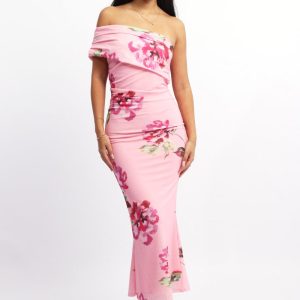 Pink Floral Bodycon Dress One Shoulder Mesh