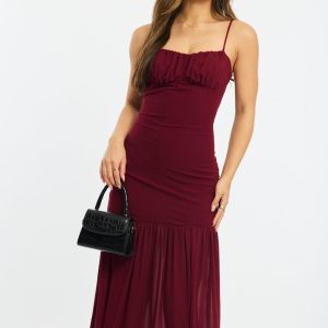 Red Maxi Dress Gathered Bust Mesh