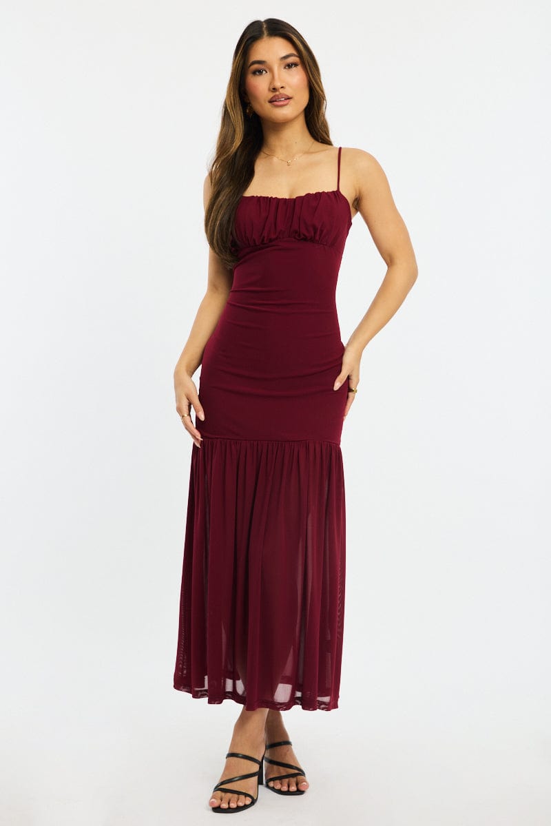 Red Maxi Dress Gathered Bust Mesh - Image 2