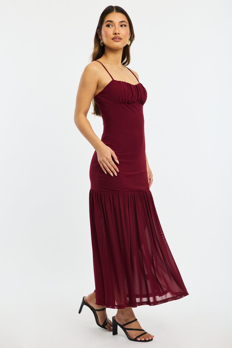 Red Maxi Dress Gathered Bust Mesh - Image 3
