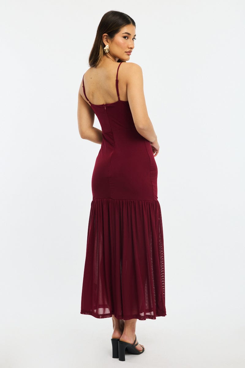 Red Maxi Dress Gathered Bust Mesh - Image 4