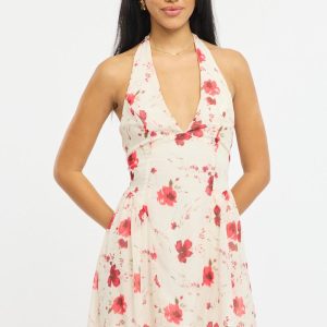 Pink Floral Halter Neck Dress Mini