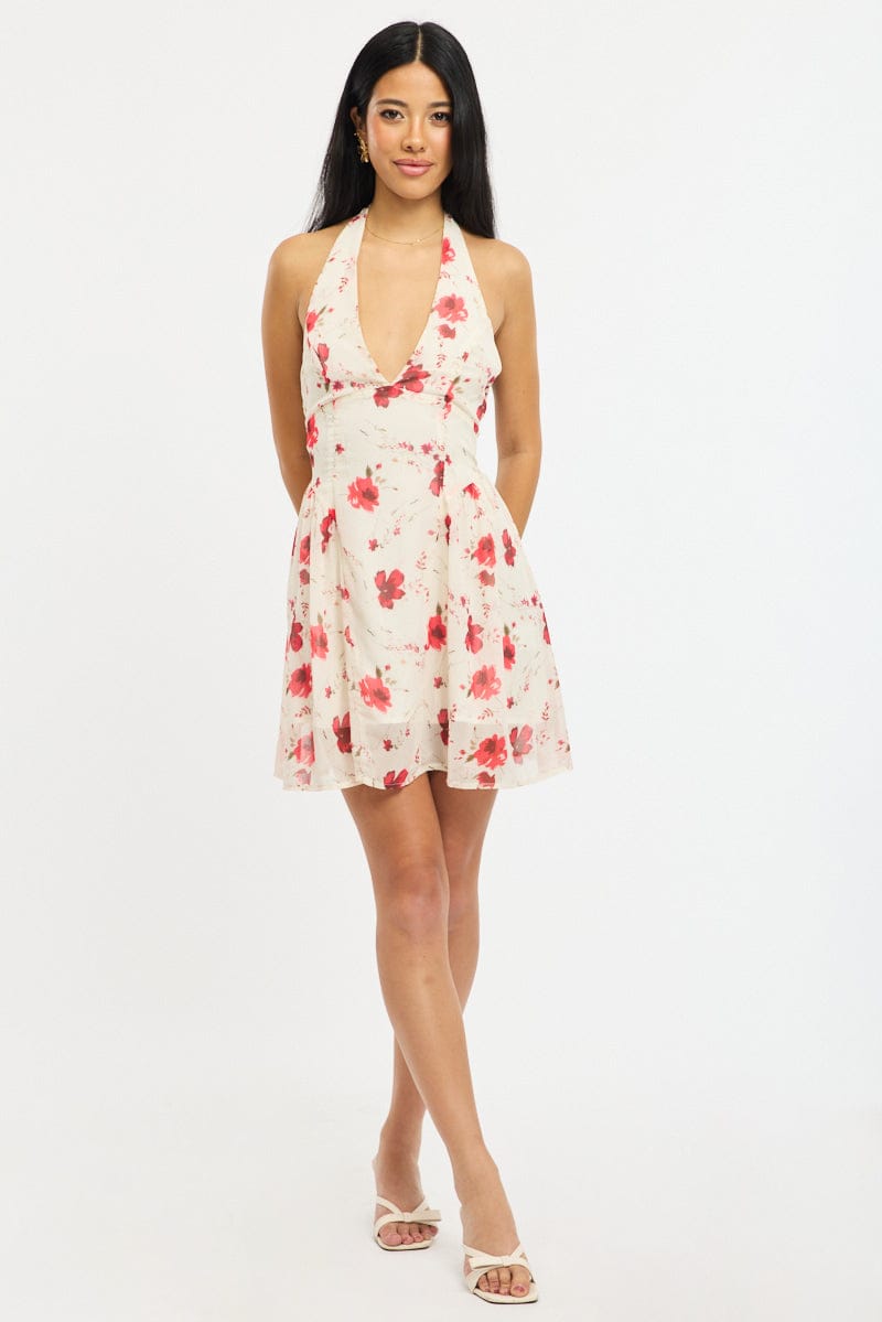Pink Floral Halter Neck Dress Mini - Image 2