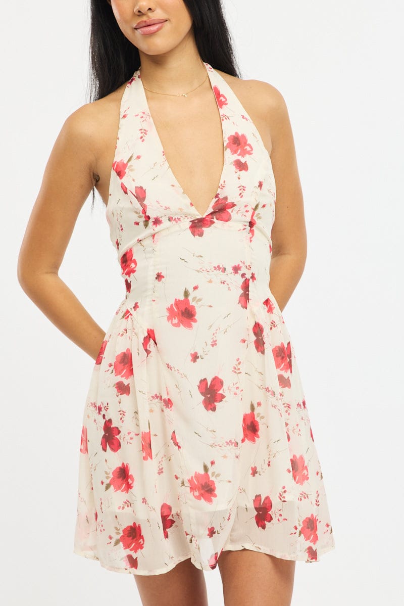 Pink Floral Halter Neck Dress Mini - Image 5